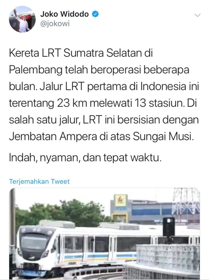 
					Upload Video LRT Sumsel di Twitter, Jokowi: Aman Nyaman dan Tepat Waktu