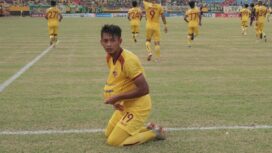 Penyerang Sriwijaya FC Yongki Aribowo saat melakukan selebrasi (Foto: Derusumsel)