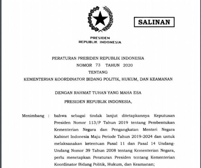 
Jokowi Teken Perpres 73 Tahun 2020 tentang Kemenko Polhukam