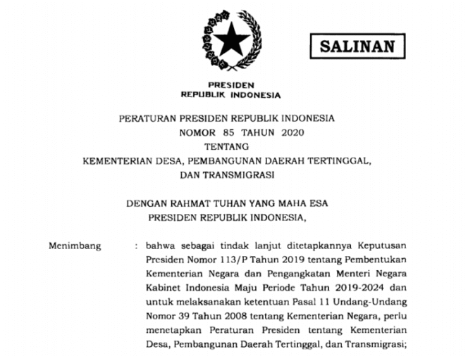 
Jokowi Teken Perpres 85 Tahun 2020 tentang Kemendes PDTT