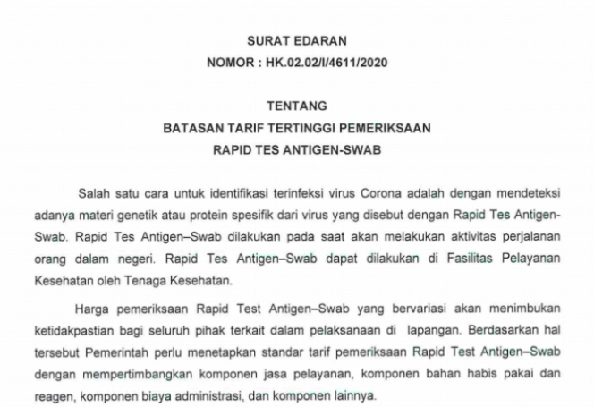 
					Pemerintah Tetapkan Batasan Tarif Pemeriksaan Rapid Test Antigen-Swab