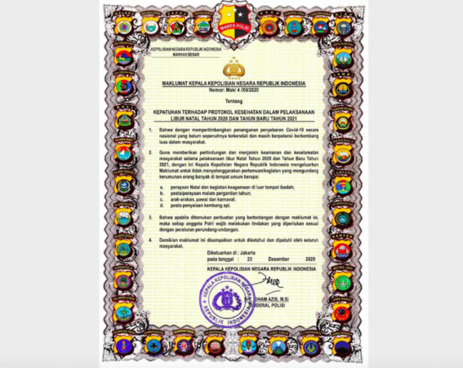 
					Kapolri Keluarkan Maklumat tentang Kepatuhan Protokol Kesehatan pada Libur Natal & Tahun Baru