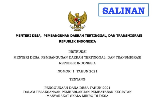 
					Mendes PDTT Terbitkan Instruksi Mengenai Penggunaan Dana Desa Tahun 2021 Dalam Pelaksanaan PPKM Mikro