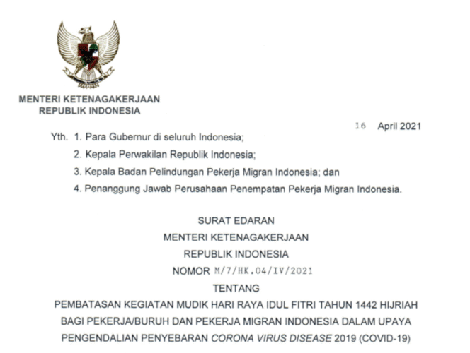 
Menaker Terbitkan Edaran Pembatasan Mudik Bagi Pekerja dan PMI