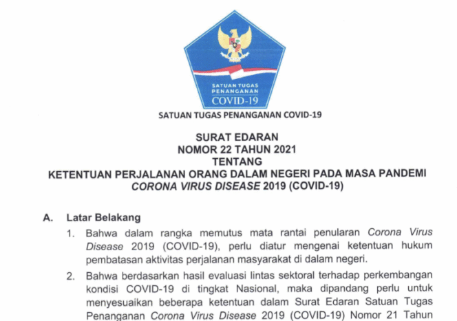 
Satgas COVID-19 Terbitkan SE 22/2021 tentang Ketentuan Perjalanan Dalam Negeri