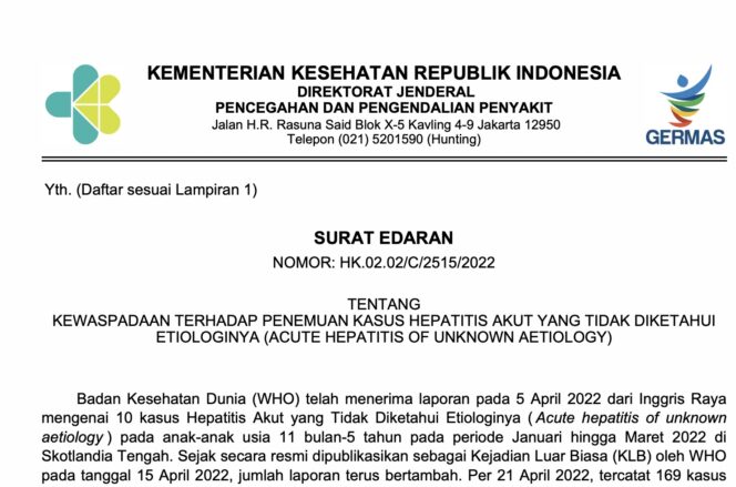 
Kemenkes Terbitkan Edaran Kewaspadaan terhadap Penemuan Kasus Hepatitis Akut