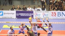 Tim Putra Jakarta Pertamina Energi vs Palembang Bank SumselBabel dalam Proliga 2019 di GOR Amongrogo Yogyakarta, Minggu (24/2/2019). Foto: Istimewa