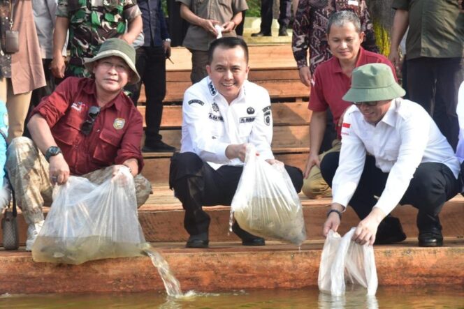 
					Atasi Stunting, Pj Gubernur Sumsel Agus Fatoni Tebar Bibit Ikan di Kolam Wisata Rantau Kampai
