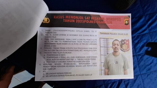 
Kepala Desa (Kades) Permata Baru, Kecamatan Indralaya Utara, Alamsyah, tersangka kasus korupsi Dana Desa (DD) senilai Rp388 juta. Foto : Istimewa