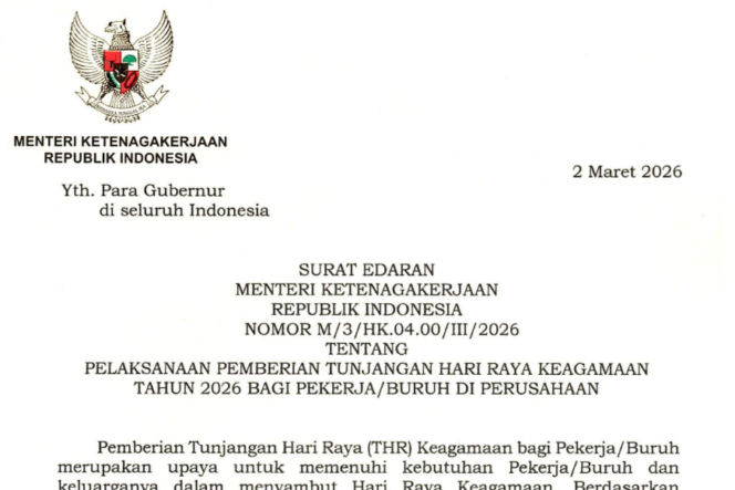 
Surat Edaran THR 2026, Menaker: Harus Dibayar Penuh, Tak Boleh Dicicil