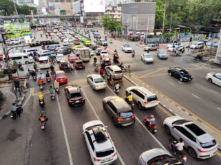 Heavy traffic Jam under Makkasan station in Ratchathewi, a district (khet) in central Bangkok, Thailand