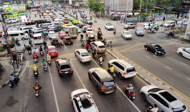 Heavy traffic Jam under Makkasan station in Ratchathewi, a district (khet) in central Bangkok, Thailand
