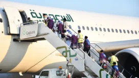 Kloter pertama jemaah haji 202 E6mberkasi Palembang hendak berangkat menuju Madinah menggunakan maskapai Saudi Arabia Airlines dengan nomor penerbangan SV 5403. Foto : Dok Kemenhaj Sumsel
