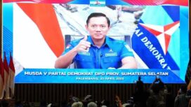 Ketua Umum Partai Demokrat, Agus Harimurti Yudhoyono (AHY) saat menghadiri Musyawarah Daerah (Musda) V DPD Partai Demokrat Sumsel secara virtual, Kamis (30/4/2026) malam. Foto : Humas Pemprov Sumsel