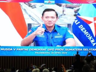 Ketua Umum Partai Demokrat, Agus Harimurti Yudhoyono (AHY) saat menghadiri Musyawarah Daerah (Musda) V DPD Partai Demokrat Sumsel secara virtual, Kamis (30/4/2026) malam. Foto : Humas Pemprov Sumsel