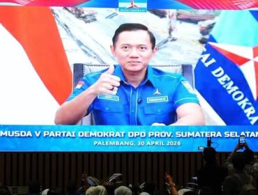 Ketua Umum Partai Demokrat, Agus Harimurti Yudhoyono (AHY) saat menghadiri Musyawarah Daerah (Musda) V DPD Partai Demokrat Sumsel secara virtual, Kamis (30/4/2026) malam. Foto : Humas Pemprov Sumsel