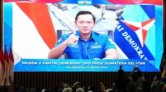Ketua Umum Partai Demokrat, Agus Harimurti Yudhoyono (AHY) saat menghadiri Musyawarah Daerah (Musda) V DPD Partai Demokrat Sumsel secara virtual, Kamis (30/4/2026) malam. Foto : Humas Pemprov Sumsel