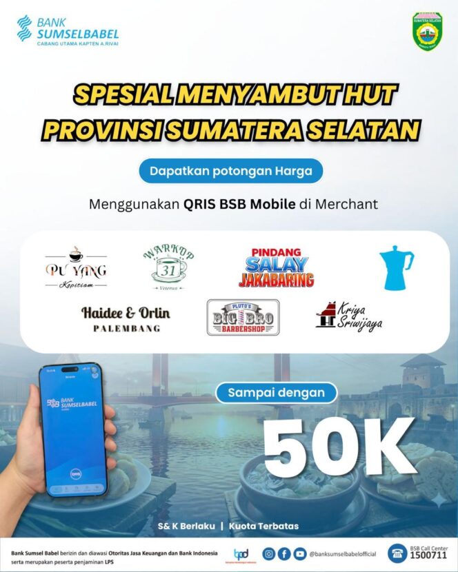 
Promo spesial transaksi digital melalui QRIS BSB Mobile di sejumlah merchant favorit masyarakat Palembang/ist. 