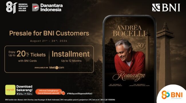 PT Bank Negara Indonesia (Persero) Tbk atau BNI membuka exclusive presale tiket Andrea Bocelli “Romanza - 30th Anniversary World Tour”.