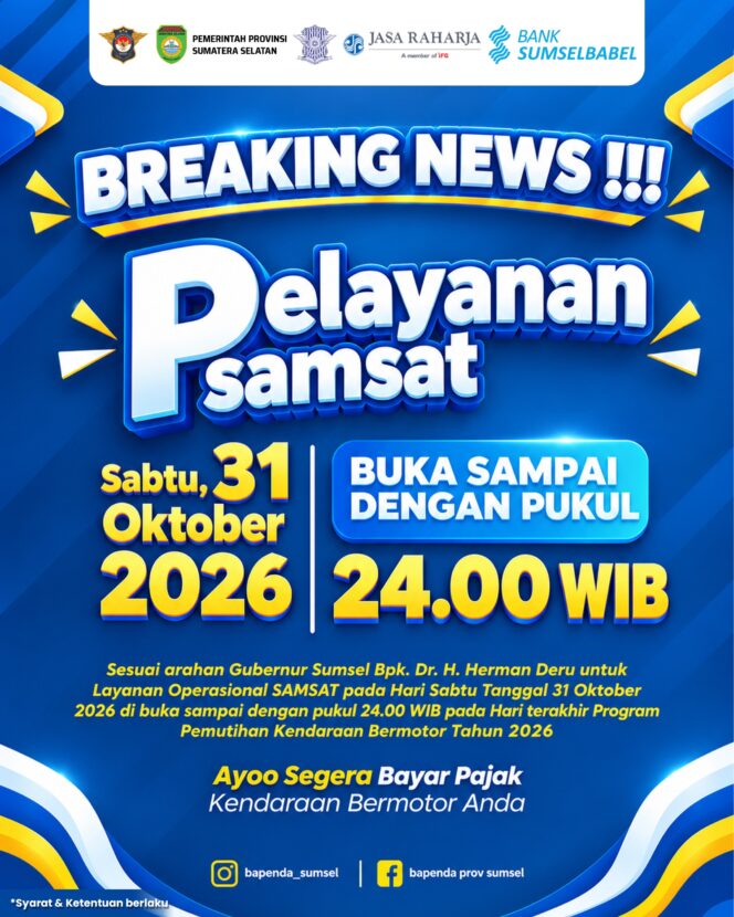 
					Pemutihan Pajak Sumsel Berakhir Hari Ini, Samsat Layani Warga hingga Pukul 24.00